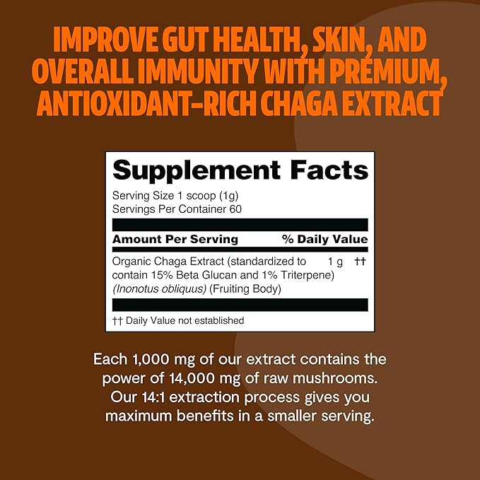 FreshCap Chaga Mushrooms Powder 14,000mg - Chaga Mushroom Extract for Immune and Antioxidants Support, Ayurveda Nootropic Supplement (60 Servings)