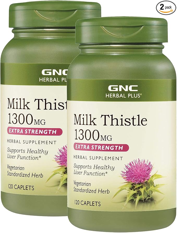 GNC Herbal Plus Milk Thistle 1300mg, Twin Pack, 120 Caplets per Bottle, Supports Healthy Liver Function