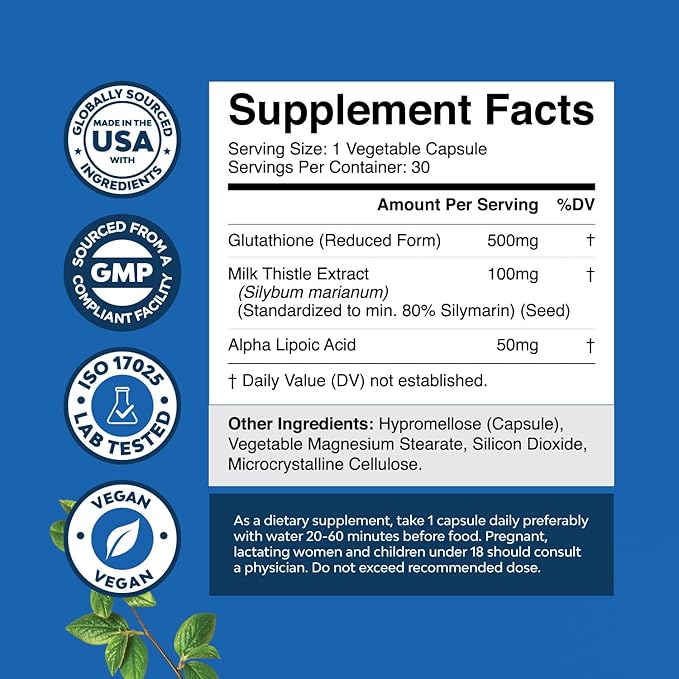 Reduced Glutathione Supplement with Milk Thistle - 500mg Per Serving Plus Alpha Lipoic Acid and Silymarin Milk Thistle Complex for Liver Support Skin Complexion and Immune Support (30 Servings)