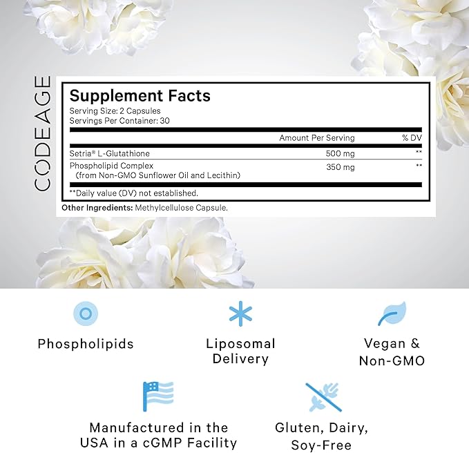 Codeage Liposomal Glutathione Supplement - Pure Reduced Setria L-Glutathione, Liposomal Delivery, Phospholipid Complex - Encapsulated Glutathione Powder Pills - Vegan, Non-GMO - 60 Capsules