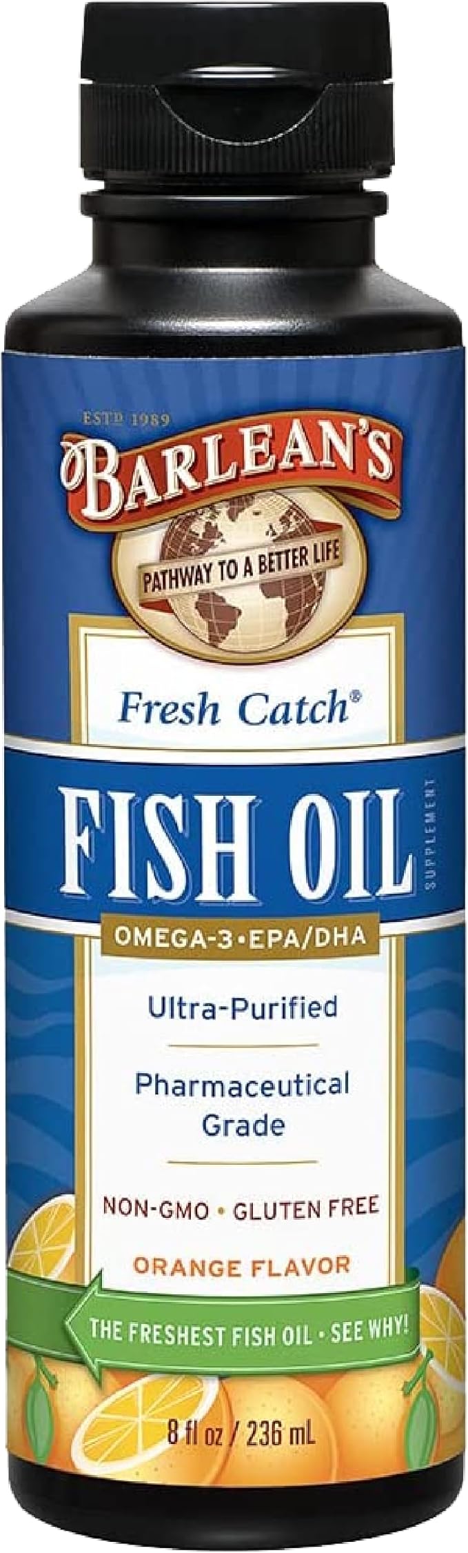 Barlean's Omega 3 Fish Oil Supplement, Liquid EPA and DHA Fatty Acid Supplements Support, High Potency Orange Flavored, 8 oz