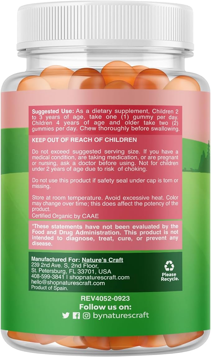 USDA Organic Kids Multivitamin Gummies - Multivitamin for Kids Immune Support with Vitamins A, C, D3, E, B6 & B12, Zinc & Iodine - Children's Vitamins Chewable Formula for Strong Health - 60 Count