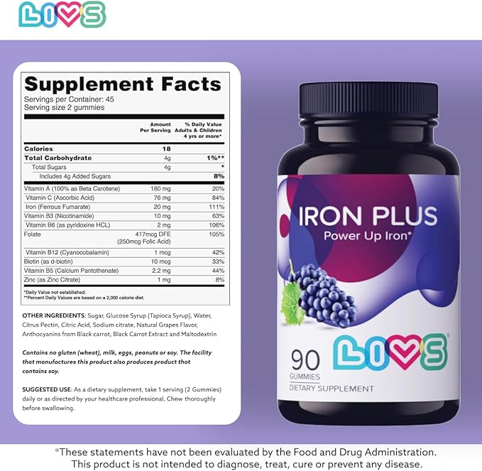 Iron Plus Gummy Vitamin | Iron with Vitamin C | Made in USA | Gummies for Adults & Kids | All-Natural, Gluten-Free, Non-GMO & Vegan Supplement Gummies | Grape Flavored, 180 Count