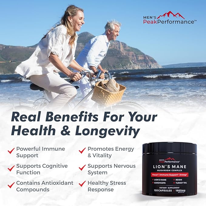 MEN'S PeakPerformance Lion's Mane Mushroom Supplement Capsules with Reishi, Cordyceps, Turkey Tail – Brain Nootropic for Memory, Focus, Natural Energy, & Immune Support Supplement (120 Capsules)