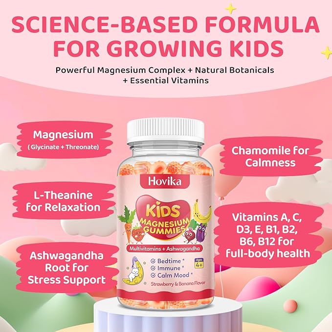 Kids Magnesium Gummies - Magnesium Glycinate & L-Threonate Supplement with L-Theanine, Chamomile & Multivitamins for Sleep, Calm & Focus - Strawberry Banana Center-Filled Gummies 60 ct
