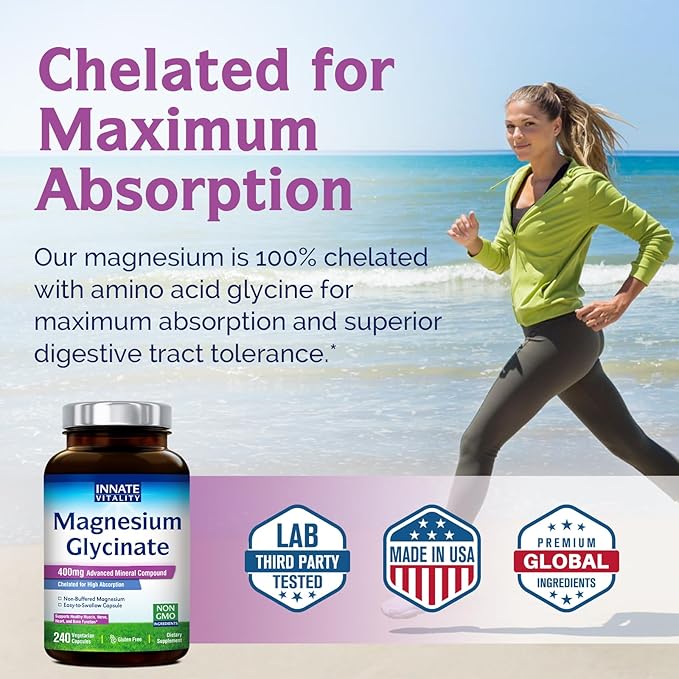 Innate Vitality Magnesium Glycinate 400mg, Non Buffered & High Absorption Magnesium Supplement for Sleep, Relaxation, Muscle & Bone Health for Men & Women, Non-GMO, No Gluten, 240 Vegan Capsules