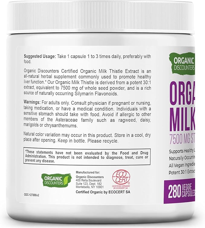 Milk Thistle Capsules, 280 Count, 7500 mg Strength, Potent 30:1 Extract, USDA Certified Organic, Rich in Silymarin Flavonoids, Vegan, Non-GMO and All-Natural