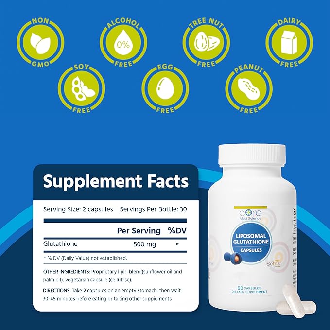 Core Med Science Liposomal Glutathione Supplement (500mg, 60 Capsules) - Pure Reduced Setria with Phospholipid Complex - Antioxidant Supplement for Energy, Brain Health, Skin & Liver Health