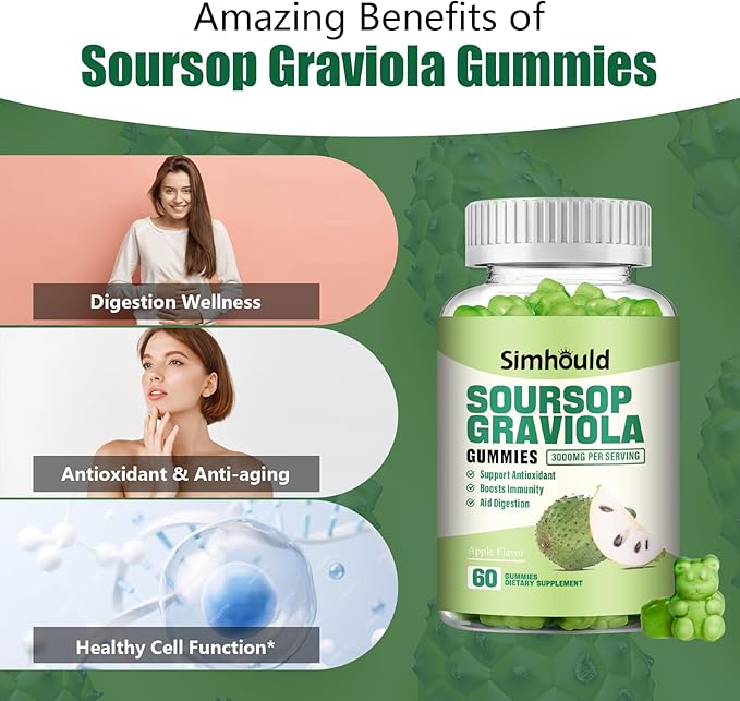 1 Pack Soursop Graviola Gummies - 3000mg Extra Strength Soursop Leaves Supplement with Vitamin C, Zinc - Digestive Aid, Immune Support & Antioxidant - Sugar-Free, Non-GMO, Vegan, 60 Counts