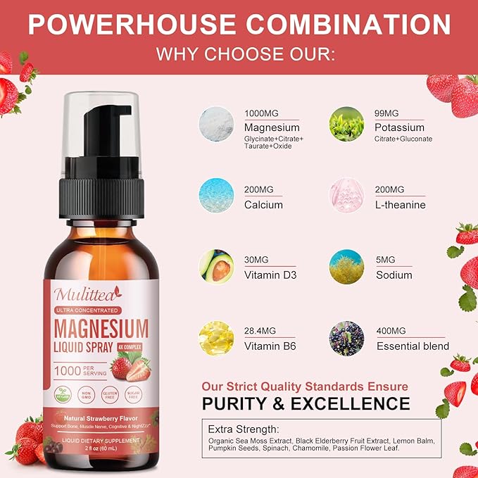 Magnesium Glycinate Liquid Spray with Citrate, Oxide & Malate, Magnesium with Whole Vitamin, L-Theanine, D3K2, B6 for Heart, Leg Cramps,Muscles&Energy- Sugar-Free Strawberry Flavor, 2 Fl Oz