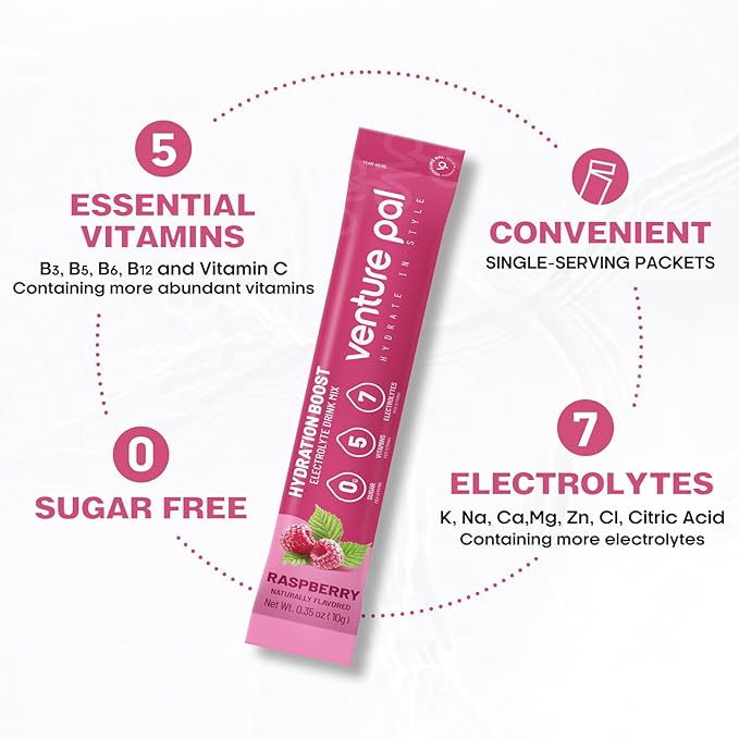 Venture Pal Sugar Free Electrolyte Powder Packets - Liquid Daily IV Drink Mix for Rapid Hydration & Party Recovery | 5 Vitamins & 7 Electrolytes| Keto Friendly | Non-GMO | Certified Vegan | 16 Sticks