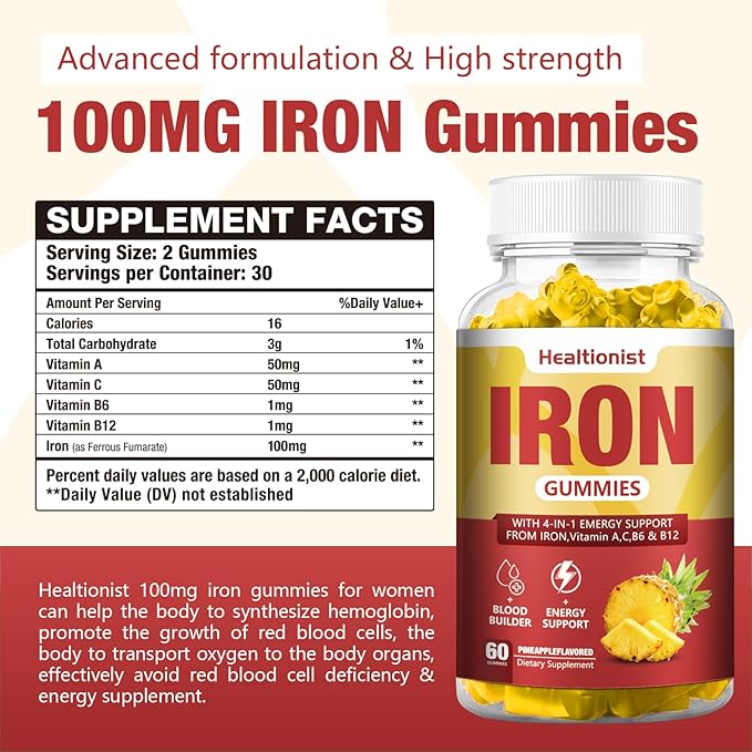 1 Pack Vegan 100Mg Iron Supplements Gummies for Women & Men - Blood Builder & Energy Support for Iron Deficiency, Anemia - Vitamin C, A, B for Adults & Kids, 60 Counts Pineapple Flavor