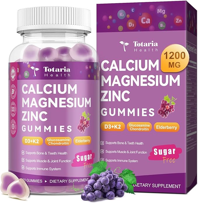 Sugar Free Calcium Magnesium Zinc Gummies for Women Men, 19-in-1 Ultimate Absorption Calcium 1200 mg with Vitamin D3 K2 w/Boron, B6, Ashwagandha, for Bone, Teeth, Immune, Joint, Calm, Vegan