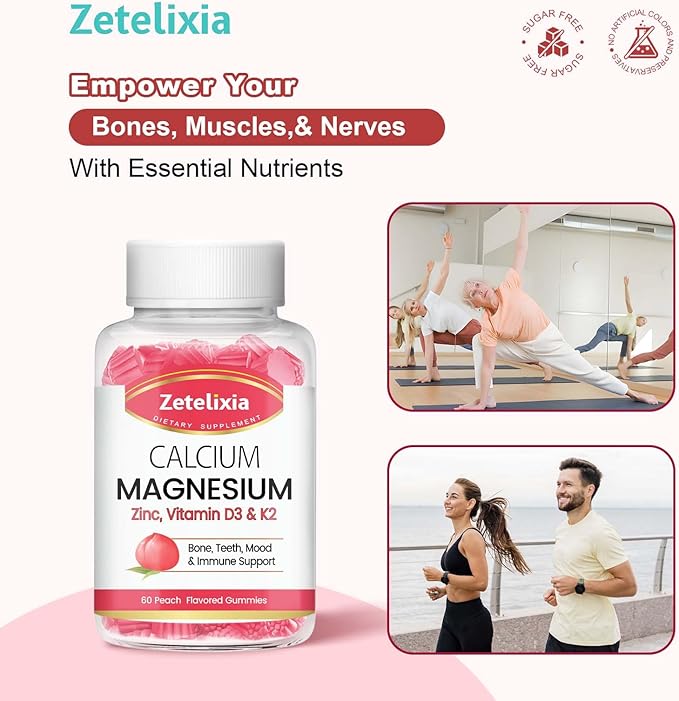 Sugar Free Calcium Citrate Gummies, Calcium Magnesium Gummies with Vitamin D3 & K2 for Bones Muscles and Joints, Peach Flavor - 120 Ct