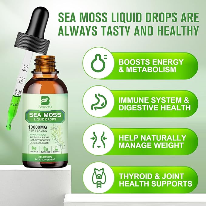 Sea Moss Liquid Drops - Organic Irish Sea Moss Gel with Spirulina, Bladderwrack, Burdock Root, Seamoss Gel Supplement for Immune, Joint, Detox Cleanse & Digestion Support - 2 Fl Oz, Vegan