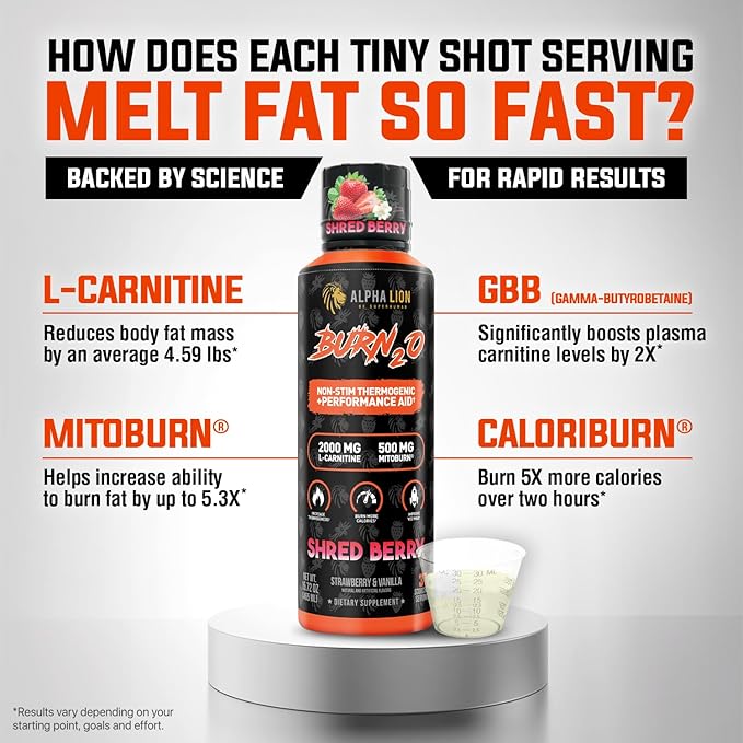 ALPHA LION Burn 20 L-Carnitine Liquid 2000mg, Premium Liquid Fat Burner & Pre-Workout Supplement for Men & Women - Natural Energy & Metabolism Booster for Weight Loss - ShredBerry