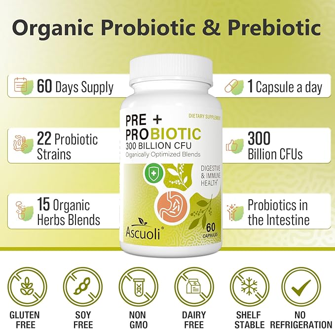 Ascuoli Probiotics for Women & Men - 300 Billion CFU, 22 Strains Probiotics + 15 Organic Herbs Blend, Daily Probiotics for Digestive Health, Immune, Gut, Bloating - 60 Capsule