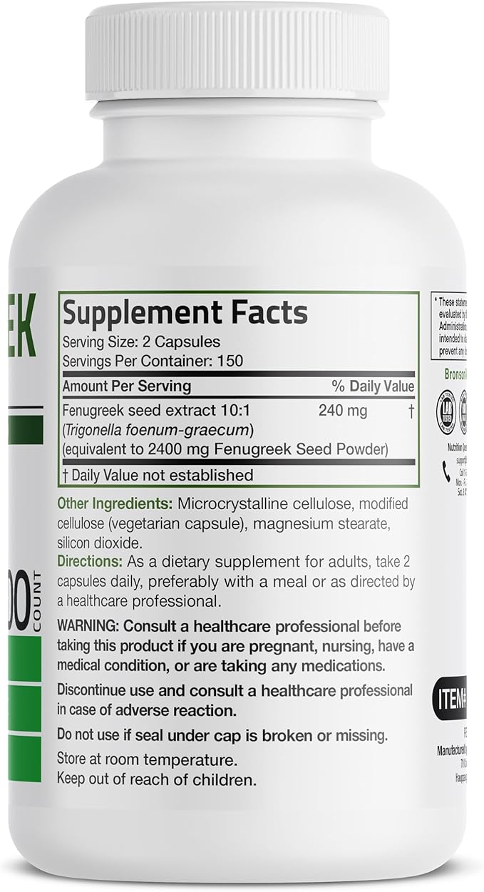 Bronson Fenugreek Seed Powder Capsules Extra Strength, Trigonella Foenum-Graecum, Non-GMO, Soy-Free, Vegetarian, 300 Capsules