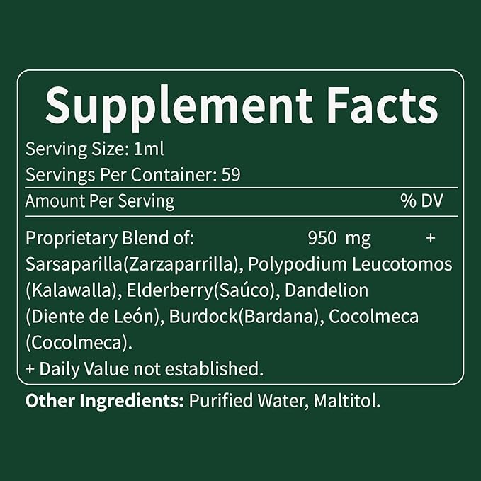 Sarsaparilla Root Extract Drops for Liver Cleanse Detox & Repair, Immune Support Supplement with Dandelion Cocolmeca Polypodium Leucotomos. Diente de Leon para Limpieza de Colon y Desintoxicar. 2oz