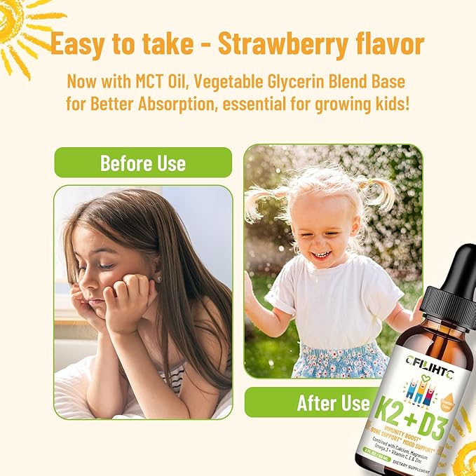 Vitamin D3 K2 Drops for Kids - Omega 3, Vitamin E, Calcium, Magnesium & Zinc for Better Absorption - Liquid MK7 1000 IU D3 for Healthy Bones, Teeth & Heart Support - Non-GMO, 2 Fl Oz