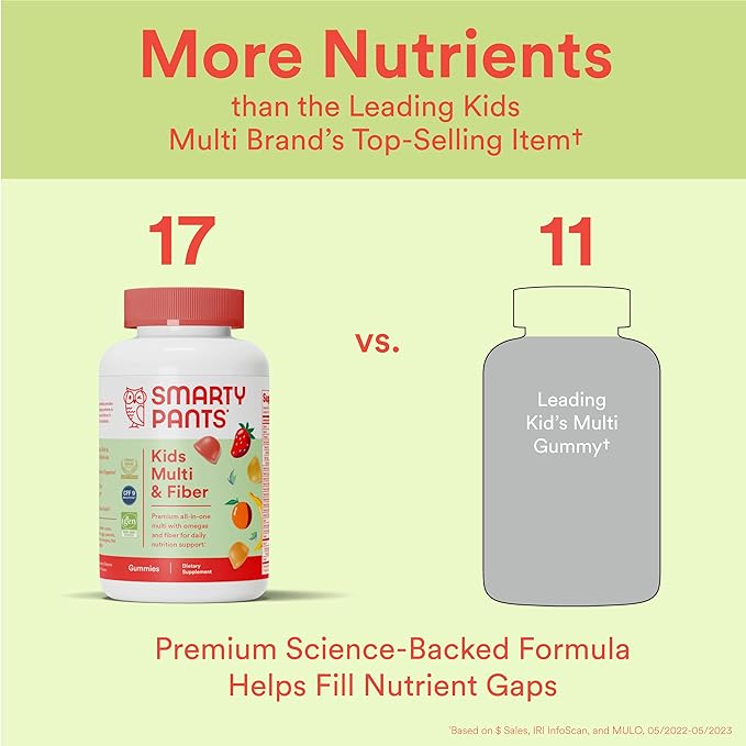 SmartyPants Kids Formula & Fiber Daily Gummy Vitamins: Gluten Free, Multivitamin Omega 3 Fish Oil (Dha/Epa), Fiber, Methyl B12, vitamin D3, Vitamin B6, 90 Count (22 Day Supply) - Packaging May Vary