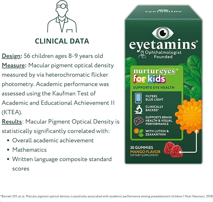 Nurtureyes Eye Health Gummy for Kids - 30 Easy-to-Chew, Mango Gummies - Ophthalmologist- Created Kids Eye Vitamins - Natural, Vegan, and Non-GMO Formula