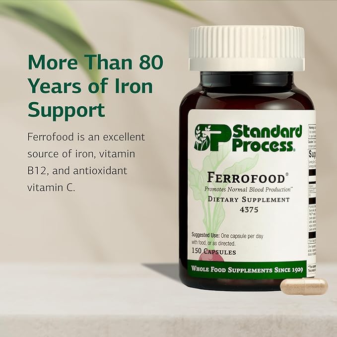 Standard Process Ferrofood - Blood Health Supplement - Enzyme Support with Vitamins B12, C, & Iron - Non-Dairy & Non-Soy - 150 Capsules (40 Servings)