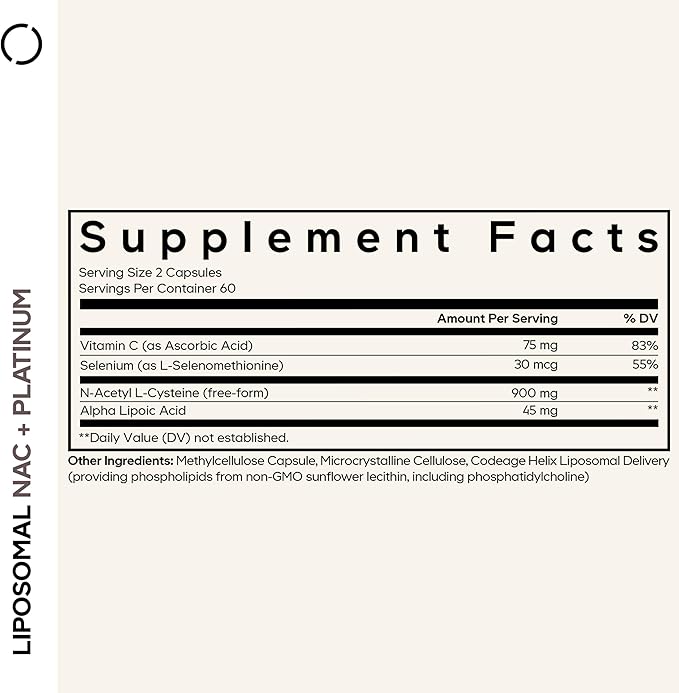 Codeage Liposomal NAC+ Platinum - N-Acetyl L-Cysteine, Vitamin C, Alpha Lipoic Acid, Selenium - 2-Month Supply - Helix Liposomal Delivery - Phospholipid - Non-GMO NAC Dietary Supplement - 120 Capsules