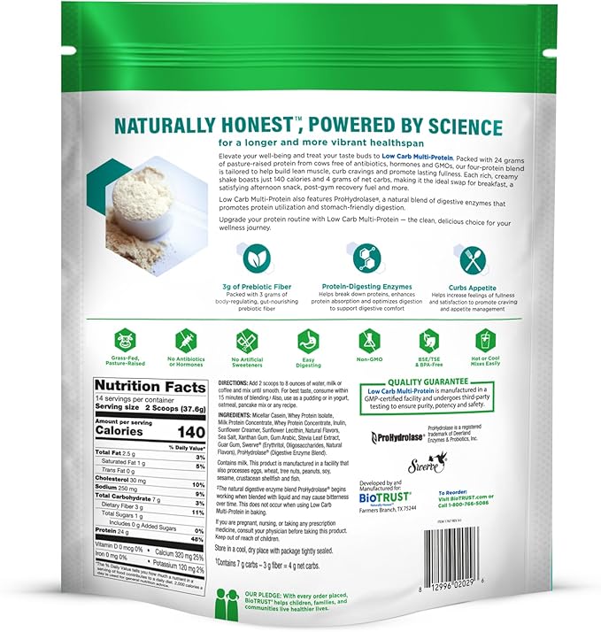BioTrust Low Carb Protein Powder - Healthy Isolated Whey Protein Powder and Casein Blend from Grass-Fed, Pasture-Raised Cattle, Plus Digestive Enzymes - Salted Caramel, 14 Servings