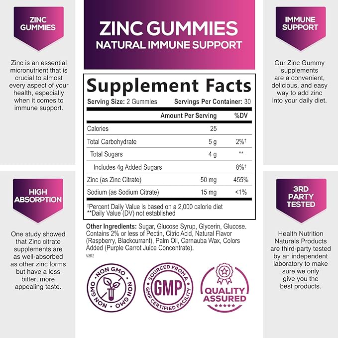 Zinc Gummy for Adults 50mg, Max Strength Bone, Skin & Immune Support Zinc Gummies, Vegan, Non-GMO & Gluten Free, Immune Health Support, Nature’s Antioxidant Chewable Zinc Vitamins - 60 Gummies