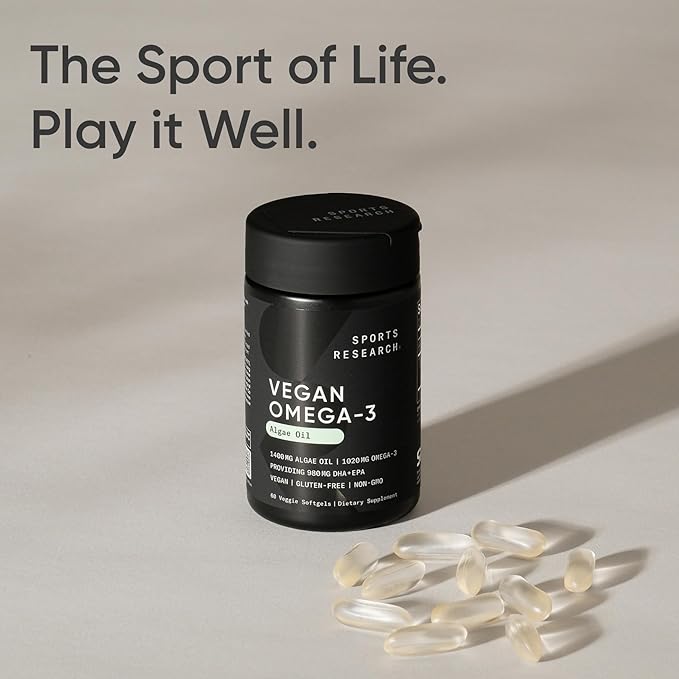 Sports Research Vegan Omega-3 Fish Oil Alternative from Algae Oil - Highest Levels of DHA & EPA Fatty Acids | Non-GMO Verified & Vegan Certified - Fresh Lemon Scent - 60 Veggie Softgels