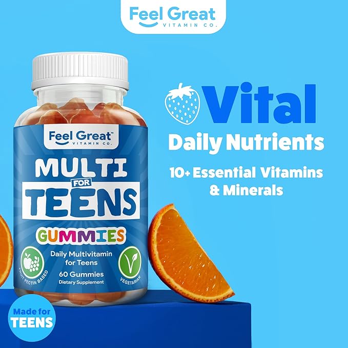 Feel Great Teen Multivitamin Gummies | Citrus & Strawberry Flavor for Teen Boys & Girls | for Bone, Muscle & Immune Support | Vegetarian | 30-Day Supply