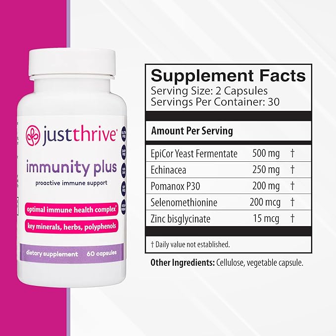 Just Thrive Immunity Plus - Vegan Gut Health and Immune Support Supplement for Kids and Adults, 60 Capsules