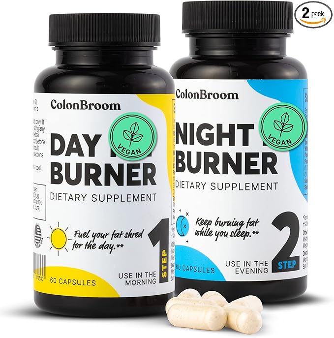 ColonBroom Day & Night Burner Supplements, Pills for Women/Men with Inulin, L-carnitine, Coenzyme Q 10, Grain of Paradise and More, Colon Broom 60 Vegan Capsules Per Container