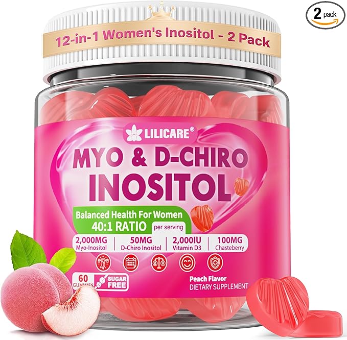 Inositol Gummies for Women + Chasteberry, Myo-Inositol & D-Chiro Inositol 2000mg + 50mg Ideal 40:1 Ratio with Methylated B12 & Folate, Choline, Magnesium, Vitamin D3 for Overall Health, Pack of 2