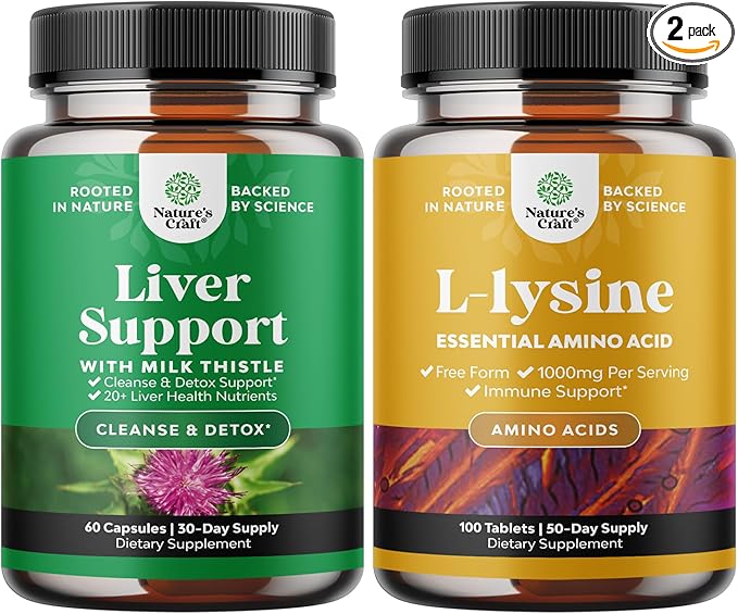 Bundle of Milk Thistle Liver Support Supplement and L Lysine 1000mg Nutritional Supplements - Herbal Liver Supplement with Silymarin Milk Thistle - L-lysine Essential Amino Acids Supplement