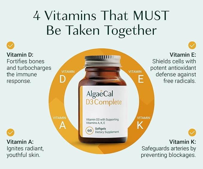 ALGAECAL 4-in-1 Vitamin D3 K2 Complete - ADK Vitamin Supplement, Enhanced Immune Support & Bone Health with D3 K2, A, & E - Whole Body Wellness & Bone Strength, 60 Easy-Swallow Softgels