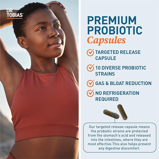Dr. Tobias Probiotics 30 Billion, 10 Strains, 30 Billion CFU's, Targeted Release Probiotics for Women & Men, Supports Digestive Health, Shelf-Stable, Non-GMO, 60 Capsules, 60 Servings