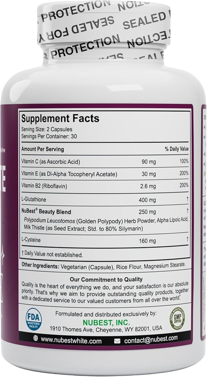 NuBest White - Glutathione 400mg & Milk Thistle Extract - Skin Brightening Supplement - Supports Beautiful and Radiant Skin - Antioxidant & Detoxification - 1 Pack | 1 Months Supply