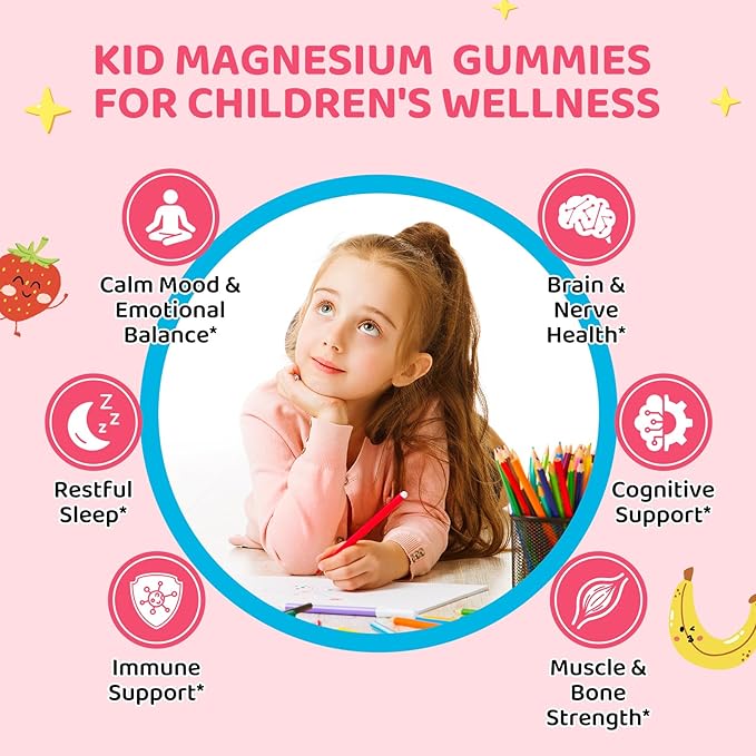 Kids Magnesium Gummies - Magnesium Glycinate & L-Threonate Supplement with L-Theanine, Chamomile & Multivitamins for Sleep, Calm & Focus - Strawberry Banana Center-Filled Gummies 60 ct