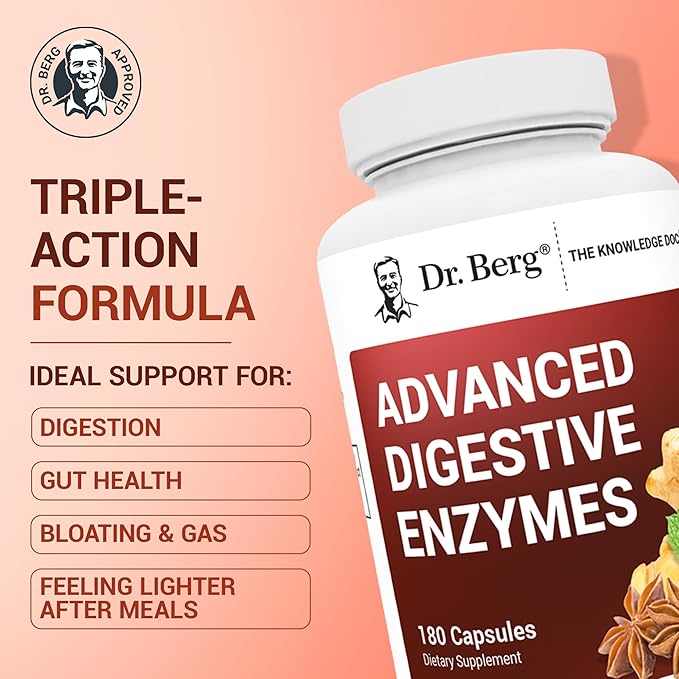 Dr. Berg Advanced Digestive Enzymes with Apple Cider Vinegar - Includes Digestive Health Ingredients Like Betaine Hydrochloride (HCI), Ginger Root & Peppermint Leaf - 180 Capsules