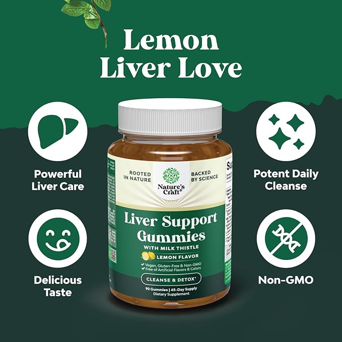 Natures Craft Cleansing Herbal Liver Detox Gummies Liver Support Milk Thistle Gummies with Artichoke Extract Turmeric Curcumin and L-Carnitine - Vegan and Non-GMO - Sweet Lemon (45 Servings)