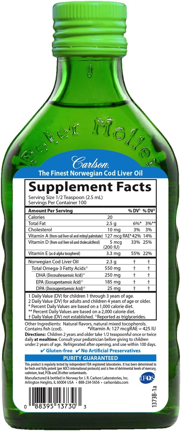 Carlson - Kid's Cod Liver Oil, 550 mg Omega-3s, Plus Vitamins A and D3, Liquid Fish Oil, Wild Caught Norwegian Arctic Cod, Sustainably Sourced Nordic Fish Oil, Green Apple, 250 mL (8.4 Fl Oz)
