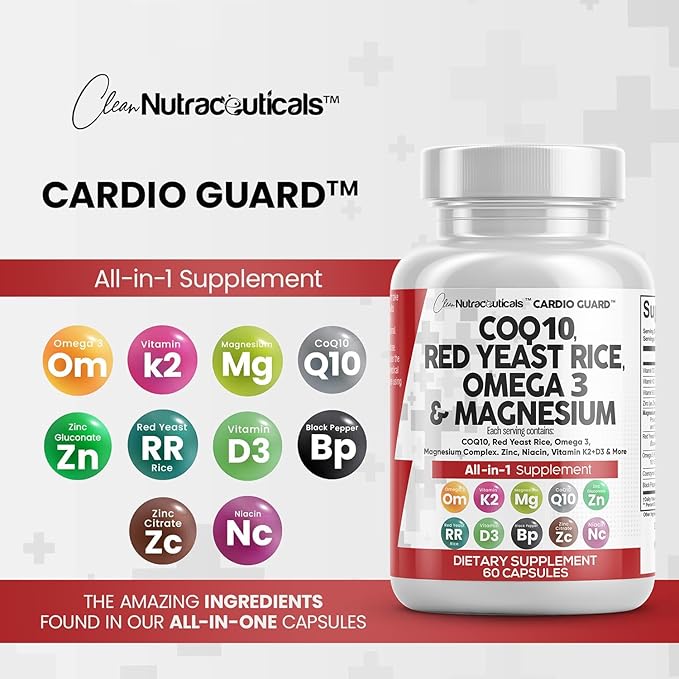 Clean Nutraceuticals COQ10 Red Yeast Rice Omega 3 Magnesium Complex Niacin Zinc Vitamin K2 D3 - Heart Support Vitamins for Women & Men w/Vitamin B3, Coenzyme Q10-60 Ct