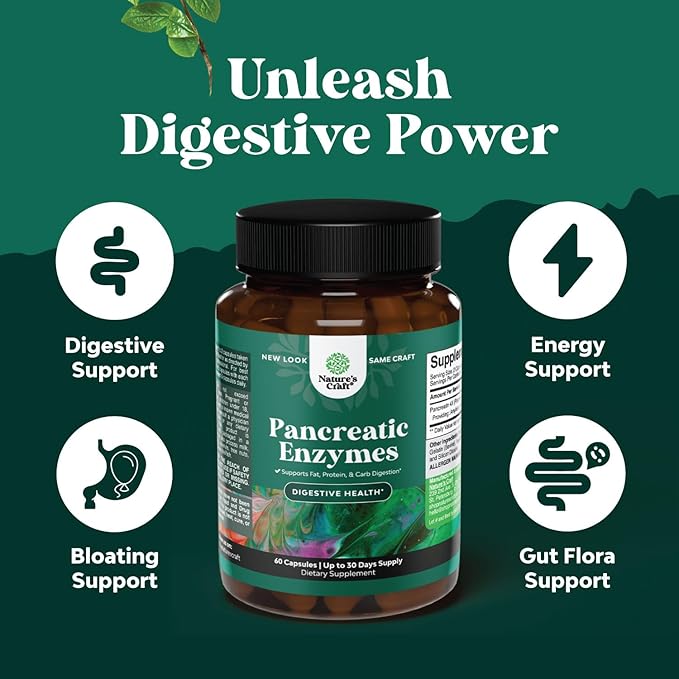 Pancreatin Digestive Enzymes for Digestive Health - Pancreatic Enzymes for Humans with Fat Carb and Protein Digestive Enzymes for Women and Men - Protease Amylase & Lipase Enzymes for Digestion - 60ct