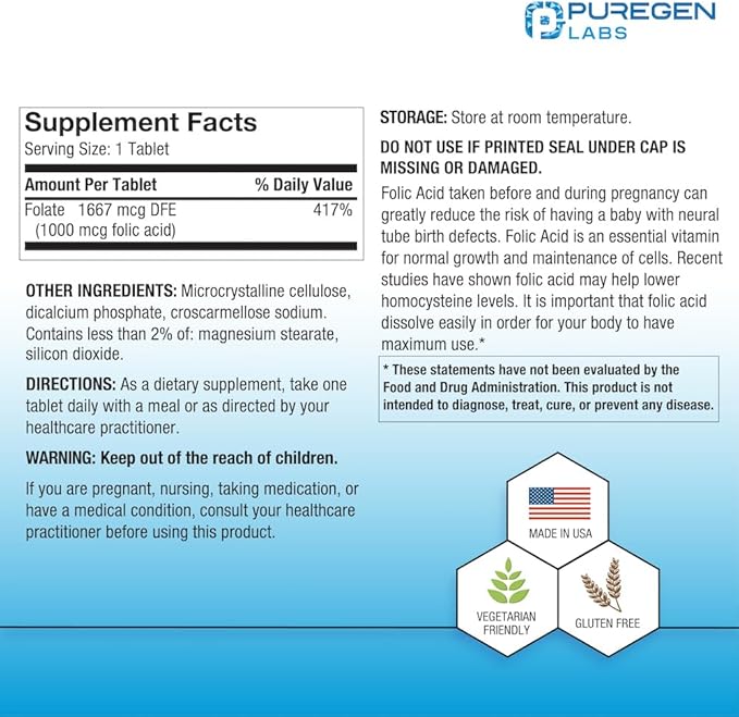 Puregen Labs Folic Acid 1000 mcg Tablets | Vitamin B9 | Non-GMO | Gluten Free | Made in USA | Value Size 1000 Tablets