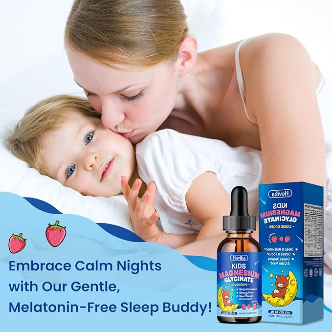 Magnesium Glycinate Liquid for Kids - with L-Theanine Omega-3, Vitamin B6, D3, Zinc - Kids Magnesium Drops for Sleep, Relaxation, Calm & Focus - 2 Fl Oz, Strawberry Flavor