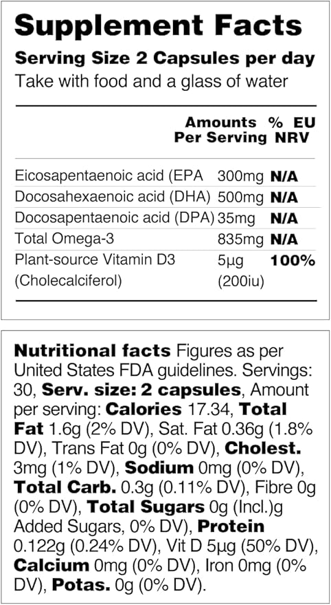 Vegan Omega 3 Supplement (60 Capsules) – Omega-3, EPA, Vitamin D3 & DHA Supplements - Algae Omega 3 Vegan Supplements for Brain, Eye, & Heart Health – Omega 3 for Kids & Adults
