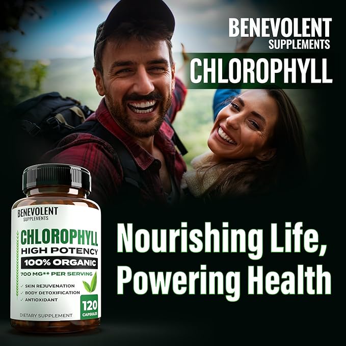 Benevolent Chlorophyll Capsules 350mg - 100% Natural + Ultra Chlorophyll 20x Potency Concentration for Energy Boost, Immune Support, Internal Deodorant, Skin Health, Non-GMO, 120 Capsules