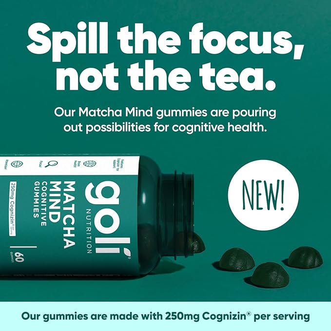 Goli Matcha Mind Gummies - 180 Count - Green Tea Leaves Powder with Cognizin for Focus, Attention and Brain Health, Vegan, Non-GMO, Gluten-Free & Gelatin Free.